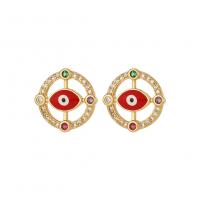 Evil Eye Earrings, Brass, Round, real gold plated, micro pave cubic zirconia & for woman & enamel, more colors for choice, Sold By Pair