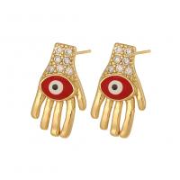 Evil Eye Earrings, Brass, Hand, real gold plated, micro pave cubic zirconia & for woman & enamel, more colors for choice, Sold By Pair