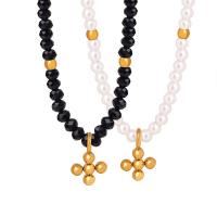 Titanium Steel Necklace, with Glass Beads & Plastic Pearl, with 2inch extender chain, Cross, gold color plated, different styles for choice & for woman, Length:Approx 15.7 Inch, Sold By PC