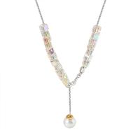 Brass Necklace with Titanium Steel & Crystal & Plastic Pearl with 2inch extender chain plated fashion jewelry & for woman Length Approx 15.7 Inch Sold By PC