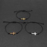 Fashion Create Wax Cord Bracelets, Stainless Steel, with Wax Cord, Cross, half handmade, Unisex & adjustable, more colors for choice, The cross is approximately 18mm long, Sold Per 18 cm Strand