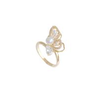 Cubique anneau en laiton Circonia Micro Pave, avec perle de plastique, papillon, Plaqué d'or, bijoux de mode & pavé de micro zircon & pour femme, doré, 17mm, Vendu par PC