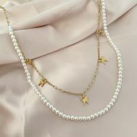 Mode-Multi-Layer-Halskette, 304 Edelstahl, mit Kunststoff Perlen, mit Verlängerungskettchen von 6cm, Doppelschicht & Modeschmuck & für Frau, weiß, frei von Nickel, Blei & Kadmium, Länge:ca. 44 cm, ca. 48 cm, verkauft von PC