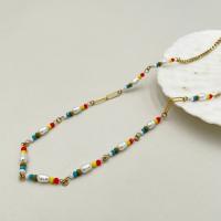 Stainless Steel Jewelry Necklace, 304 Stainless Steel, with Seedbead & Plastic Pearl, with 4cm extender chain, Vacuum Ion Plating, fashion jewelry & Bohemian style & for woman, mixed colors, nickel, lead & cadmium free, Length:Approx 65 cm, Sold By PC