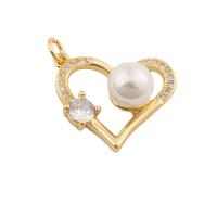 Cubic Zirconia Micro Pave Brass Pendant, with Plastic Pearl, Heart, fashion jewelry & micro pave cubic zirconia & for woman, golden, nickel, lead & cadmium free, 23x22x10mm, Hole:Approx 1mm, Sold By PC