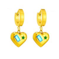 Titanium Steel  Earring, Heart, fashion jewelry & for woman & with rhinestone, golden, 12x25mm, Sold By Pair
