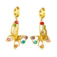 Titanium Steel  Earring Butterfly fashion jewelry & for woman & with rhinestone golden 50mm Sold By Pair