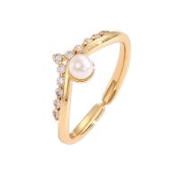 Cubique anneau en laiton Circonia Micro Pave, avec perle de plastique, bijoux de mode & pavé de micro zircon & pour femme, doré, protéger l'environnement, sans nickel, plomb et cadmium, Vendu par PC