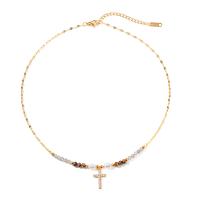 Stainless Steel Jewelry Necklace, 304 Stainless Steel, with Gemstone & Freshwater Pearl, with 5cm extender chain, Cross, plated, fashion jewelry & micro pave cubic zirconia, golden, Length:40.5 cm, Sold By PC