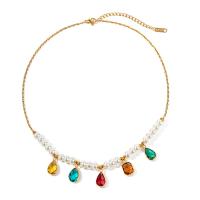 Edelstahl Schmuck Halskette, 304 Edelstahl, mit Kunststoff Perlen, mit Verlängerungskettchen von 5.5cm, plattiert, Modeschmuck & Micro pave Zirkonia, goldfarben, Länge:40.5 cm, verkauft von PC