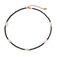 Stainless Steel Jewelry Necklace, 304 Stainless Steel, with Gemstone & Plastic Pearl, with 5cm extender chain, plated, fashion jewelry, black, Length:39 cm, Sold By PC
