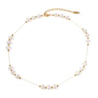 Edelstahl Schmuck Halskette, 304 Edelstahl, mit Kunststoff Perlen, mit Verlängerungskettchen von 5.5cm, plattiert, Modeschmuck, goldfarben, Länge 40 cm, verkauft von PC