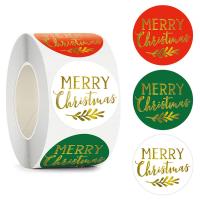 Etiqueta engomada papel, Adhesivo+Sticker, Esférico, Diseño de Navidad & con el patrón de la letra & incrustacion de oro, 38mm, 500PCs/Carrete, Vendido por Carrete