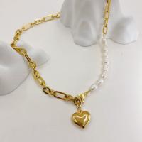 Stainless Steel Jewelry Necklace 304 Stainless Steel with Freshwater Pearl Heart Vacuum Ion Plating fashion jewelry & for woman white nickel lead & cadmium free Length Approx 45 cm Sold By PC