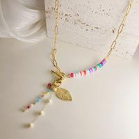 Stainless Steel Jewelry Necklace, 304 Stainless Steel, with Seedbead & pearl & Polymer Clay, with 7cm extender chain, Leaf, Vacuum Ion Plating, fashion jewelry & for woman & with rhinestone & hollow, mixed colors, nickel, lead & cadmium free, Length:Approx 48 cm, Sold By PC
