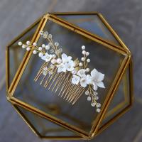 Decorative Hair Combs, Tibetan Style, with Crystal & Plastic Pearl, plated, fashion jewelry & for woman, golden, nickel, lead & cadmium free, 120x80mm, Sold By PC