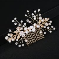 Decorative Hair Combs, Tibetan Style, with Plastic Pearl, fashion jewelry & for woman & with rhinestone, golden, nickel, lead & cadmium free, 70x110mm, Sold By PC
