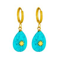 Titanium Steel  Earring, with turquoise, plated, fashion jewelry & for woman, golden, 40x12mm, Sold By Pair