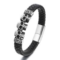 PU Cord Armband, med 304 rostfritt stål, Skull, punk stil & för människan, svart, Längd 21 cm, Säljs av PC