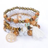Wood Bracelet Set, with Polyester & Tibetan Style & Acrylic, Tree, plated, 4 pieces & Bohemian style & for woman, more colors for choice, 5-12mm, Length:Approx 7 Inch, Sold By Set