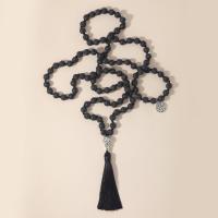 Мода Fringe ожерелье, лава, с Узел Корд & цинковый сплав, кисточка, плакирован серебром, Винтаж & ювелирные изделия моды & Народный стиль & Мужская, черный, 8mm,80mm, длина:Приблизительно 125.5 см, продается PC