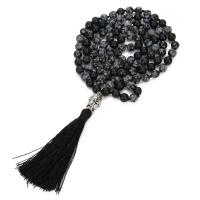 Fashion Fringe Necklace, Snowflake Obsidian, with Knot Cord & Tibetan Style, Tassel, silver color plated, vintage & fashion jewelry & Unisex, black, 8mm,80mm,13x20mm, Length:Approx 110 cm, Sold By PC