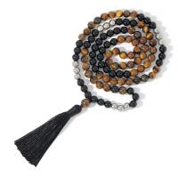 Fashion Fringe Necklace Tiger Eye with Knot Cord & Black Agate & Zinc Alloy Tassel silver color plated vintage & fashion jewelry & Unisex mixed colors 8mm 80mm Length Approx 82 cm Sold By PC