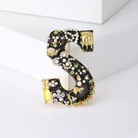 Tibetan Style Brooches, with Resin & Plastic Pearl, Letter S, gold color plated, fashion jewelry & for woman & enamel & with rhinestone, black, nickel, lead & cadmium free, 34x49mm, Sold By PC
