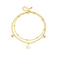 Fashion Jewelry Anklet, Titanium Steel, with Shell, with 1.97inch extender chain, Butterfly, plated, Double Layer & for woman & with rhinestone, golden, Sold Per Approx 7.87 Inch Strand