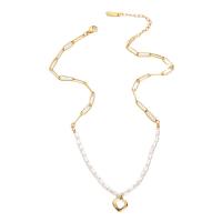 Stainless Steel Jewelry Necklace, 304 Stainless Steel, with Freshwater Pearl, with 2.36inch extender chain, Heart, plated, fashion jewelry & for woman, 10x11mm, Sold Per Approx 14.57 Inch Strand