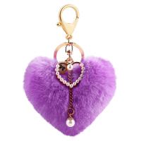 Fur Ball Pom Pom Keychain, Plush, with Plastic Pearl & Tibetan Style, Heart, gold color plated, for woman, more colors for choice, 105x135mm, Sold By PC