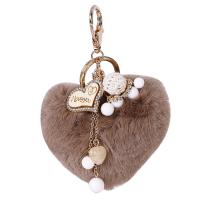 Fur Ball Pom Pom Keychain Plush with Wood & Zinc Alloy Heart gold color plated for woman & with rhinestone 14cm Sold By PC