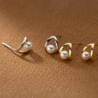 925 Sterling Silver Stud Earring, with Shell Pearl, plated, Korean style & for woman, more colors for choice, 4x7mm, Sold By Pair