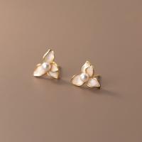 925 Sterling Silver Stud Earring, with Plastic Pearl, Flower, gold color plated, Korean style & for woman & epoxy gel, 12mm, Sold By Pair