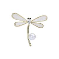 Tibetan Style Brooches, with Shell & Plastic Pearl, Dragonfly, gold color plated, fashion jewelry & for woman & with rhinestone, white, nickel, lead & cadmium free, 38x41mm, Sold By PC