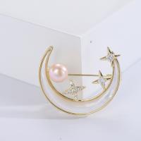 Shell Brooch Brass with Cubic Zirconia & Shell & Freshwater Pearl Moon and Star gold color plated fashion jewelry & for woman white nickel lead & cadmium free Sold By PC