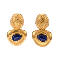 Boucle d'oreille goutte inox, Acier inoxydable 304, avec Lapis lazuli, Plaqué or 18K, bijoux de mode & pour femme, doré, 30x18.30mm, Vendu par paire