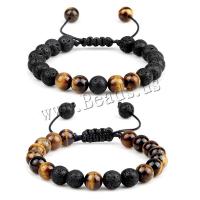 Natural Tiger Eye Bracelets, with Lava, Round, Unisex & adjustable & different size for choice, more colors for choice, 8mm, Length:Approx 18-26 cm, Sold By PC