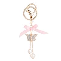 Tibetan Style Key Clasp, with Cloth & Plastic Pearl, Butterfly, gold color plated, for woman & with rhinestone, more colors for choice, nickel, lead & cadmium free, 90x150mm, Sold By PC
