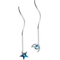 925 Sterling Silver Asymmetric Thread Through Earrings, Moon and Star, Korean style & for woman & with rhinestone, silver color, 7x42mm, 6x42mm, Sold By Pair