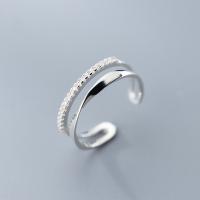 925 prata esterlina Cuff Ring Finger, Estilo coreano & ajustável & para mulher & com strass, prateado, 4mm, 1.6mm, tamanho:6-10, vendido por PC
