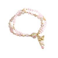 Freshwater Cultured Pearl Bracelet, Brass, with Freshwater Pearl & Rose Quartz, handmade, Double Layer & fashion jewelry & micro pave cubic zirconia & for woman, multi-colored, Sold Per Approx 17-20 cm Strand