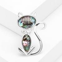 Tibetan Style Brooches, with Abalone Shell, Cat, silver color plated, fashion jewelry & Unisex & with rhinestone, multi-colored, nickel, lead & cadmium free, 32x49mm, Sold By PC