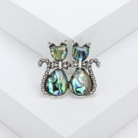 Tibetan Style Brooches, with Abalone Shell, Cat, silver color plated, vintage & fashion jewelry & Unisex & with rhinestone, multi-colored, nickel, lead & cadmium free, 38x35mm, Sold By PC
