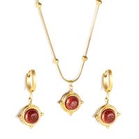 Fashion Stainless Steel Jewelry Sets earring & necklace 304 Stainless Steel with Goldstone with 1.97inch extender chain Vacuum Ion Plating 2 pieces & fashion jewelry & for woman 15.50mm Length Approx 18.11 Inch Sold By Set