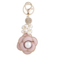 Tibetan Style Key Clasp, with Cloth & Plastic Pearl, Rose, gold color plated, for woman & with rhinestone, more colors for choice, nickel, lead & cadmium free, 60x148mm, Sold By PC