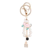 Tibetan Style Key Clasp, with Plastic Pearl, Cat, gold color plated, for woman & enamel & with rhinestone, more colors for choice, nickel, lead & cadmium free, 170mm, Sold By PC
