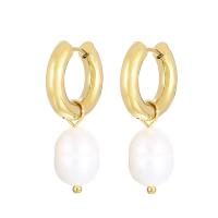 Huggie Anneau d'oreille, Acier inoxydable 304, avec perle de plastique, bijoux de mode & pour femme, blanc, 35x18mm, Vendu par paire