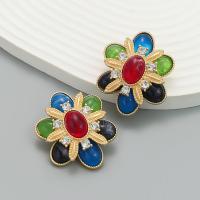 Tibetan Style Stud Earring, with Resin, Flower, fashion jewelry & for woman & with rhinestone, more colors for choice, nickel, lead & cadmium free, 43x35mm, Sold By Pair