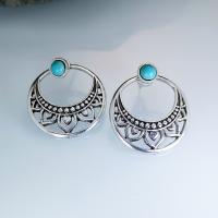Tibetan Style Stud Earring, with Turquoise, silver color plated, fashion jewelry & for woman & hollow, blue, nickel, lead & cadmium free, 22x25mm, Sold By Pair